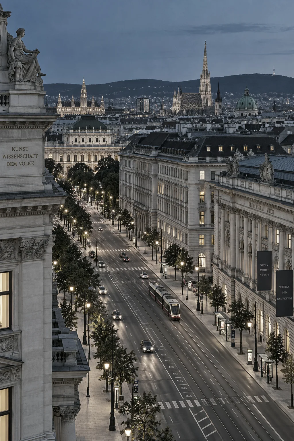 Wien zur blauen Stunde von einem Dach aus: Ringstraßen-Architektur, ein breiter Boulevard, Straßenbahngleise und Laternen in geordneter Folge.