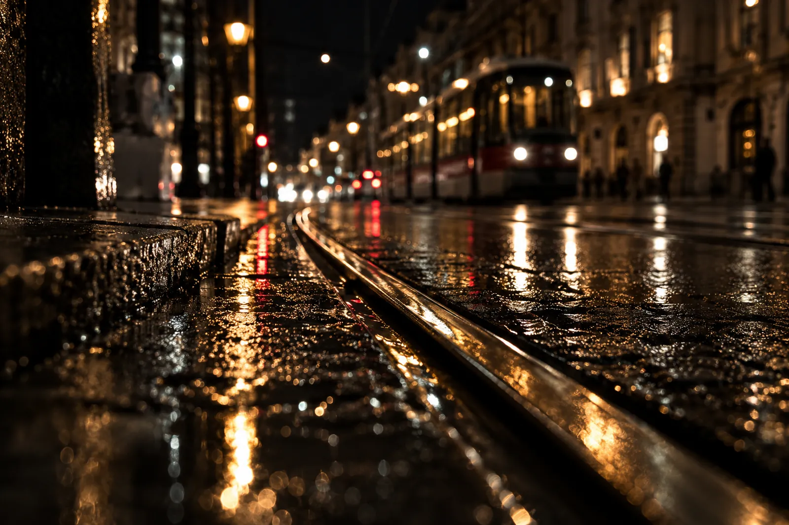 Tram rails at night after rain, from low down: two rails converging into the distance, lamplight reflected in the wet cobbles.