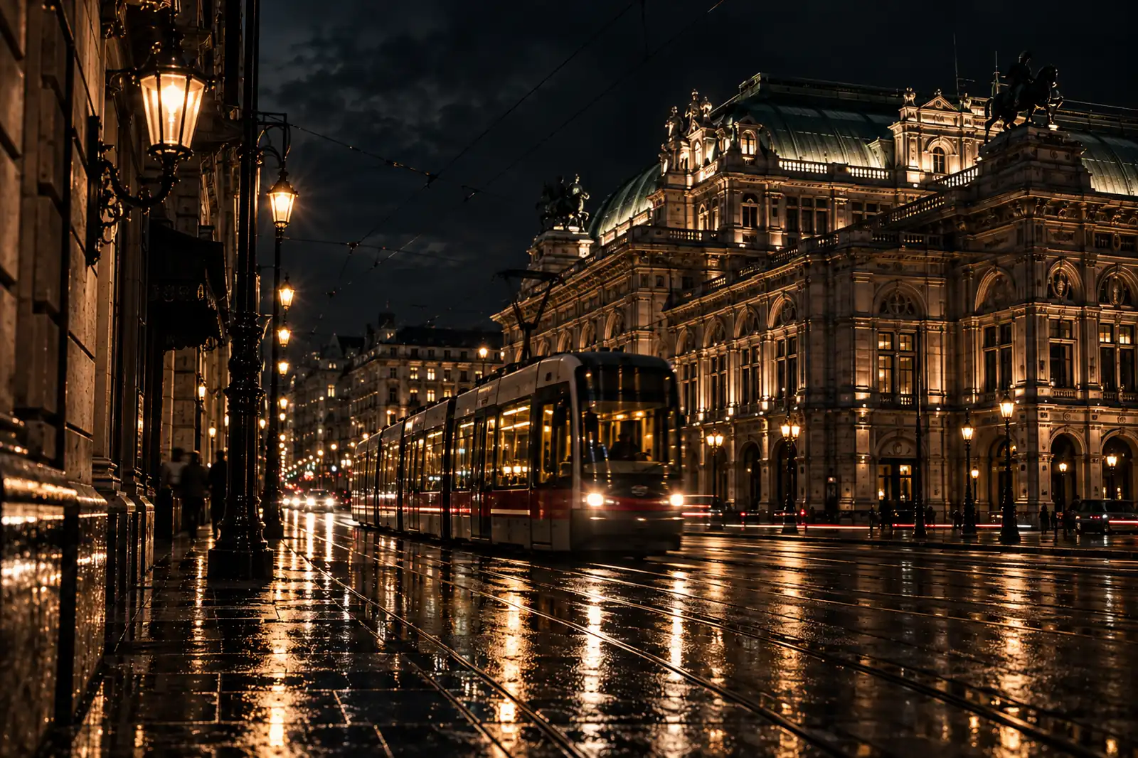 A wide Viennese boulevard at night after rain: a tram in motion, street lamps and lit façades in ordered sequence, rails and wet cobbles in the foreground.