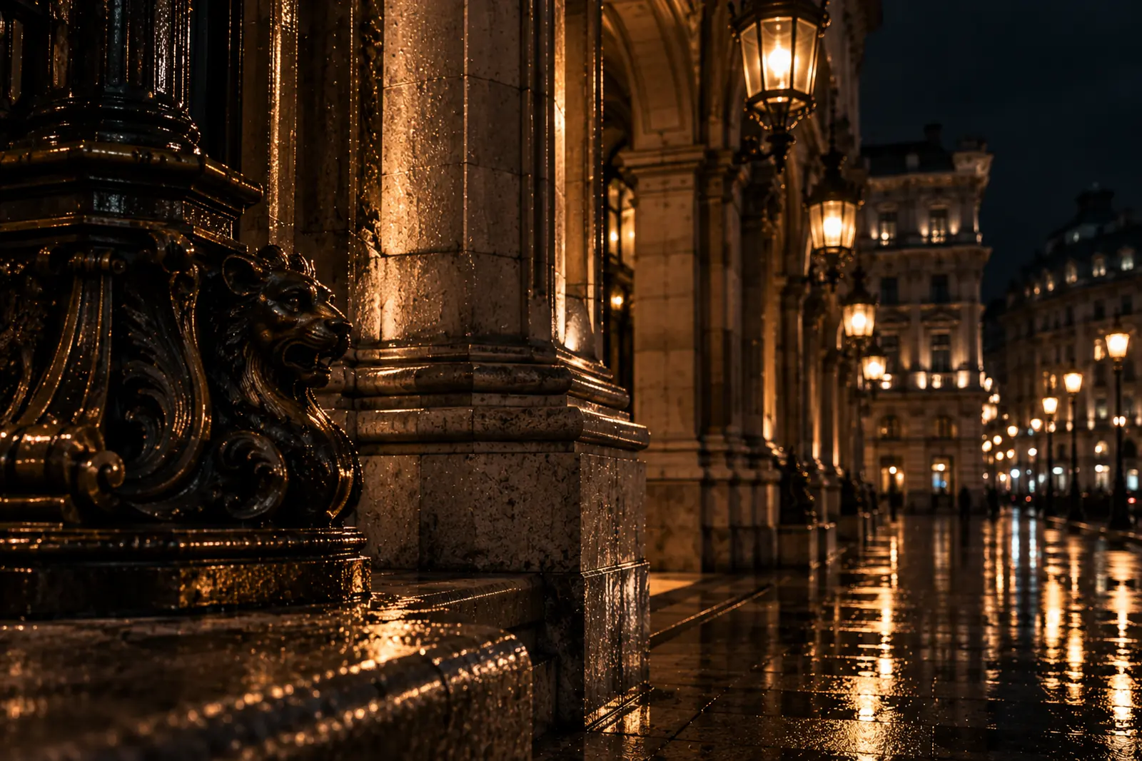 Lit stone architecture at night, close up: a bronze lion on a candelabrum in front of heavy columns, with a lamplit row of buildings behind.